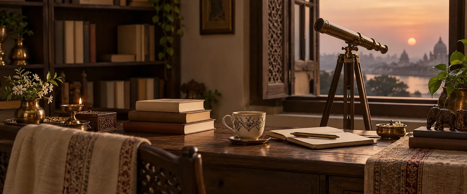 A brass telescope by a study window at dusk beside books and a cup of chai - About AstroCapitalX