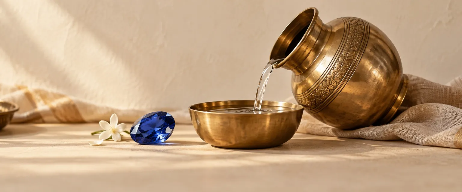 A blue sapphire beside a brass pot pouring water into a bowl - Aquarius Weekly Financial Horoscope: Money & Business