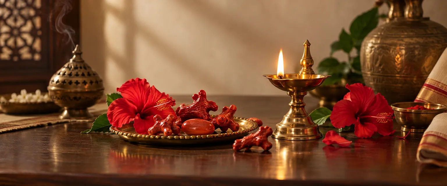 A red coral and red hibiscus beside a burning brass lamp - Aries Weekly Financial Horoscope: Money & Business