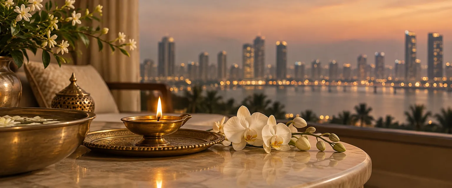 A lit diya and orchids on a balcony before blurred towers at dusk - Astrologers in Singapore