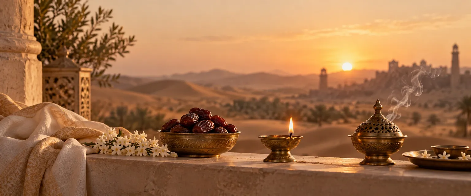 A lit diya, dates and an incense burner before blurred dunes and towers at sunset - Astrologers in UAE