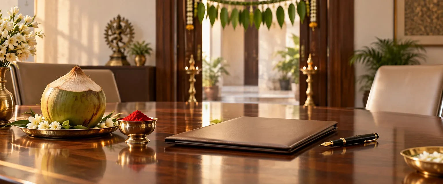 A coconut, kumkum and a closed contract folder on a boardroom table beneath a mango-leaf toran - Business Astrology