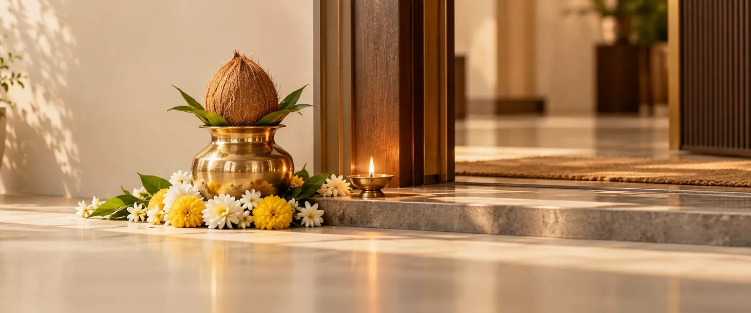 A kalash with a coconut at a new office doorway with a lit diya on the threshold - Business Launch Muhurta
