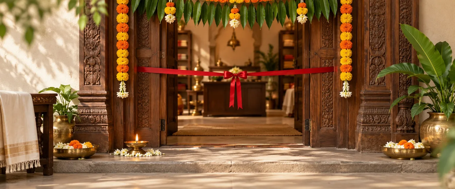 A shop doorway with a mango-leaf toran, marigold garlands and a red ribbon across it - Free Business Muhurat Calculator