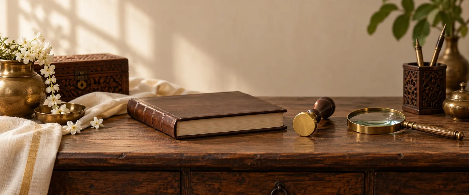A plain brass seal, a closed ledger and a magnifying glass on a desk - Business Name Numerology Report