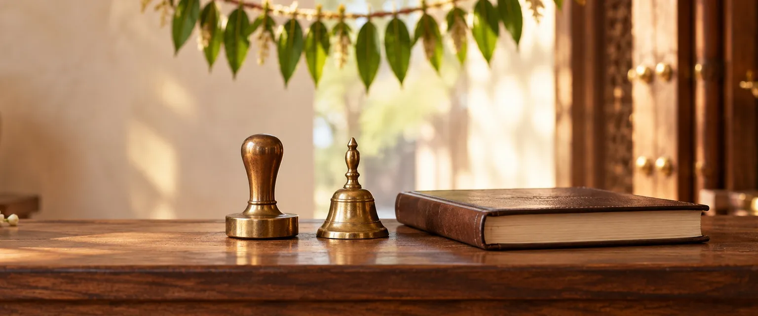 A brass seal and bell on a shop counter beneath a toran of mango leaves - Business Name Numerology Calculator