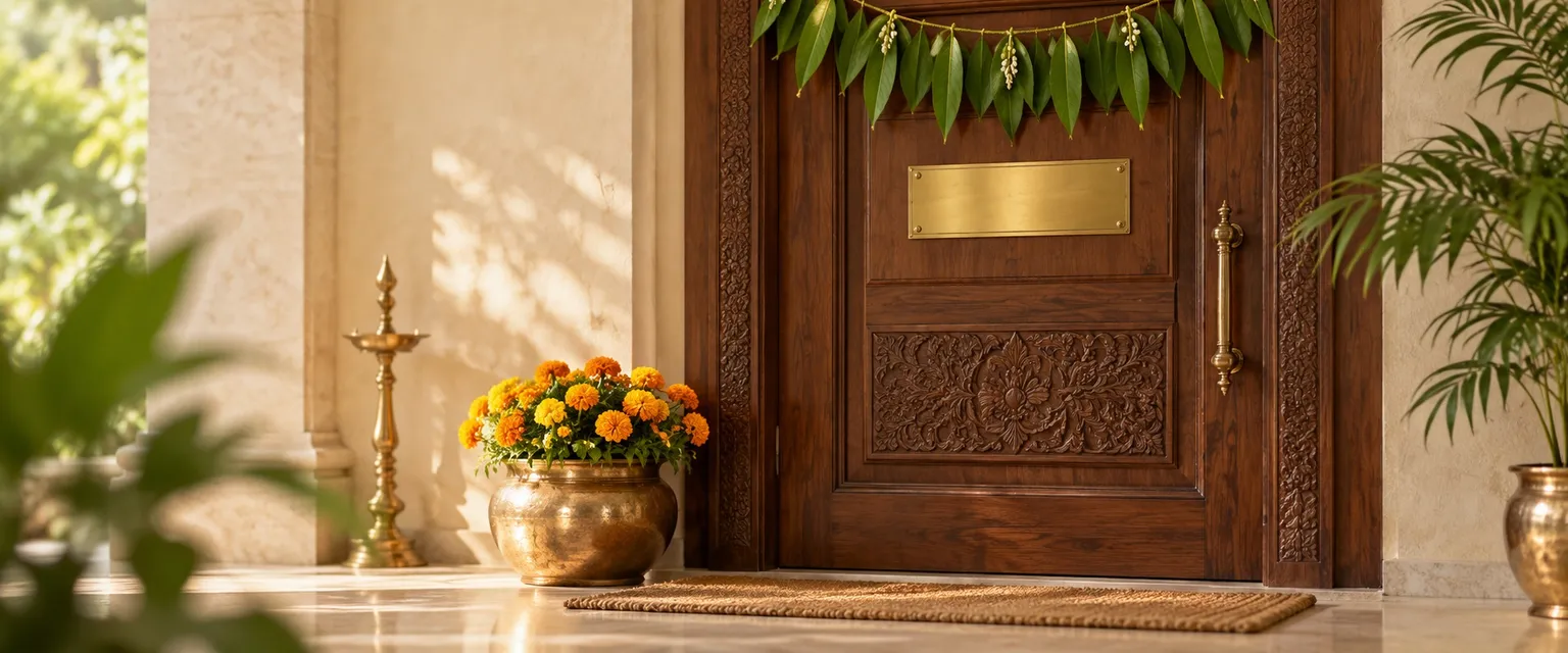 An office door with a plain brass nameplate beneath a mango-leaf toran - Free Business Numerology Report
