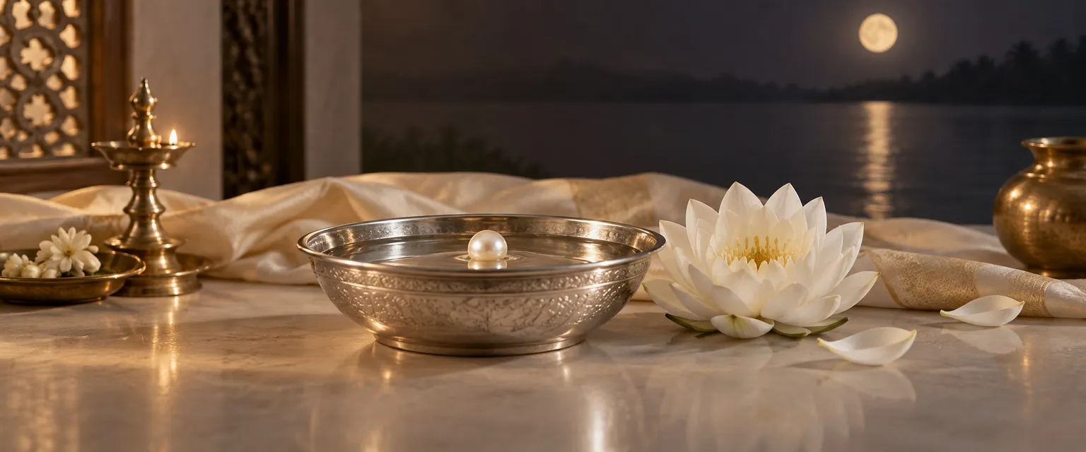 A pearl in a silver bowl of water beside a white lotus - Cancer Weekly Financial Horoscope: Money & Business