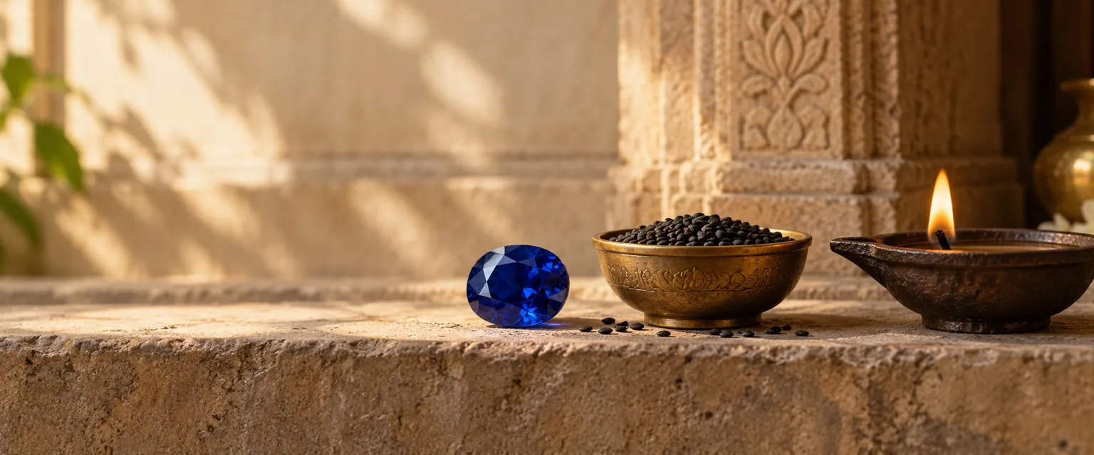 A blue sapphire on a stone step beside black sesame and an iron lamp - Capricorn Weekly Financial Horoscope: Money & Business