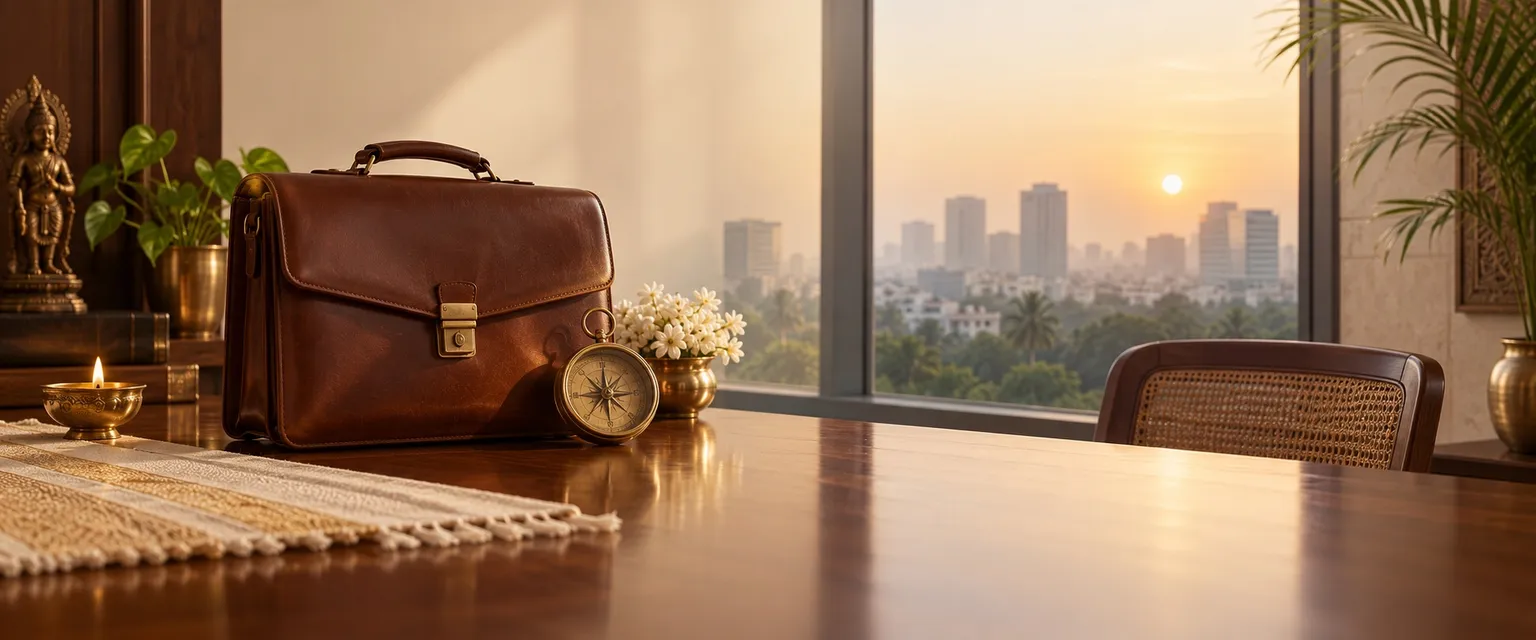 A leather briefcase and a brass compass on a desk by a window at sunrise - Career Astrology