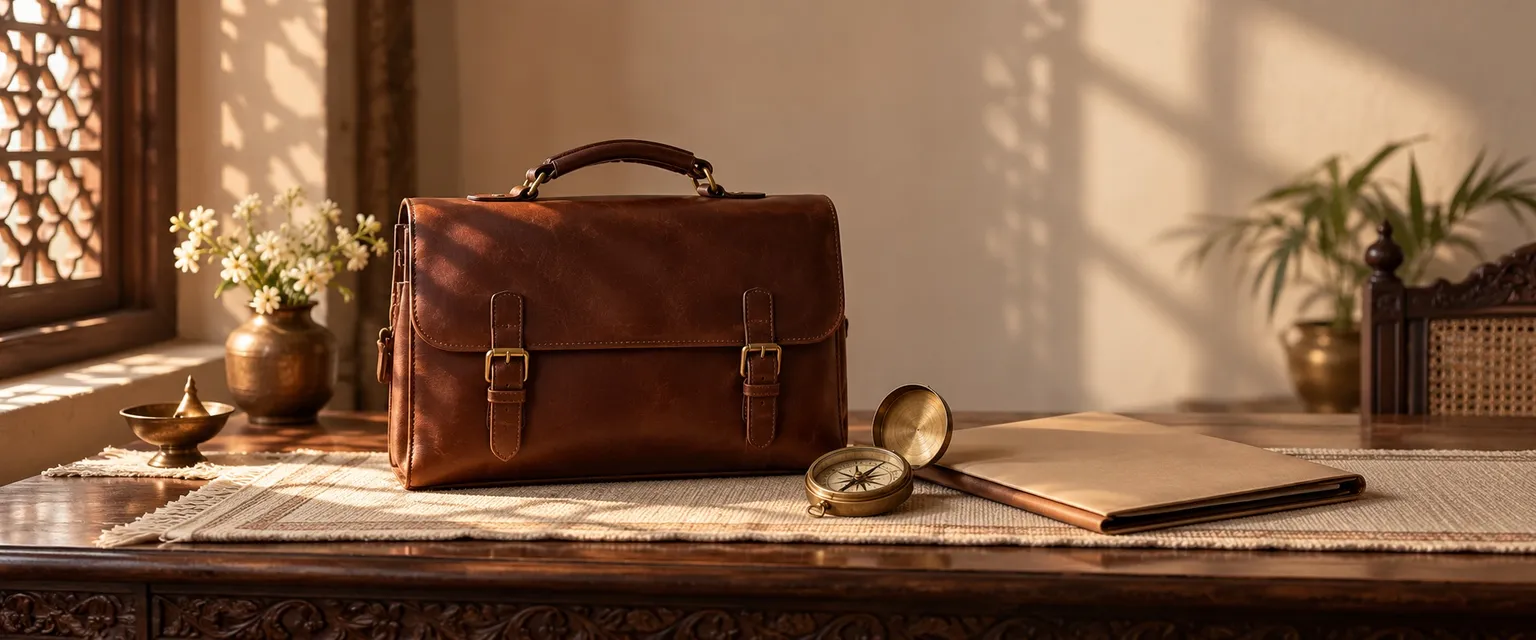 A leather briefcase, a brass compass and a closed folder on a desk - Career & Business Report