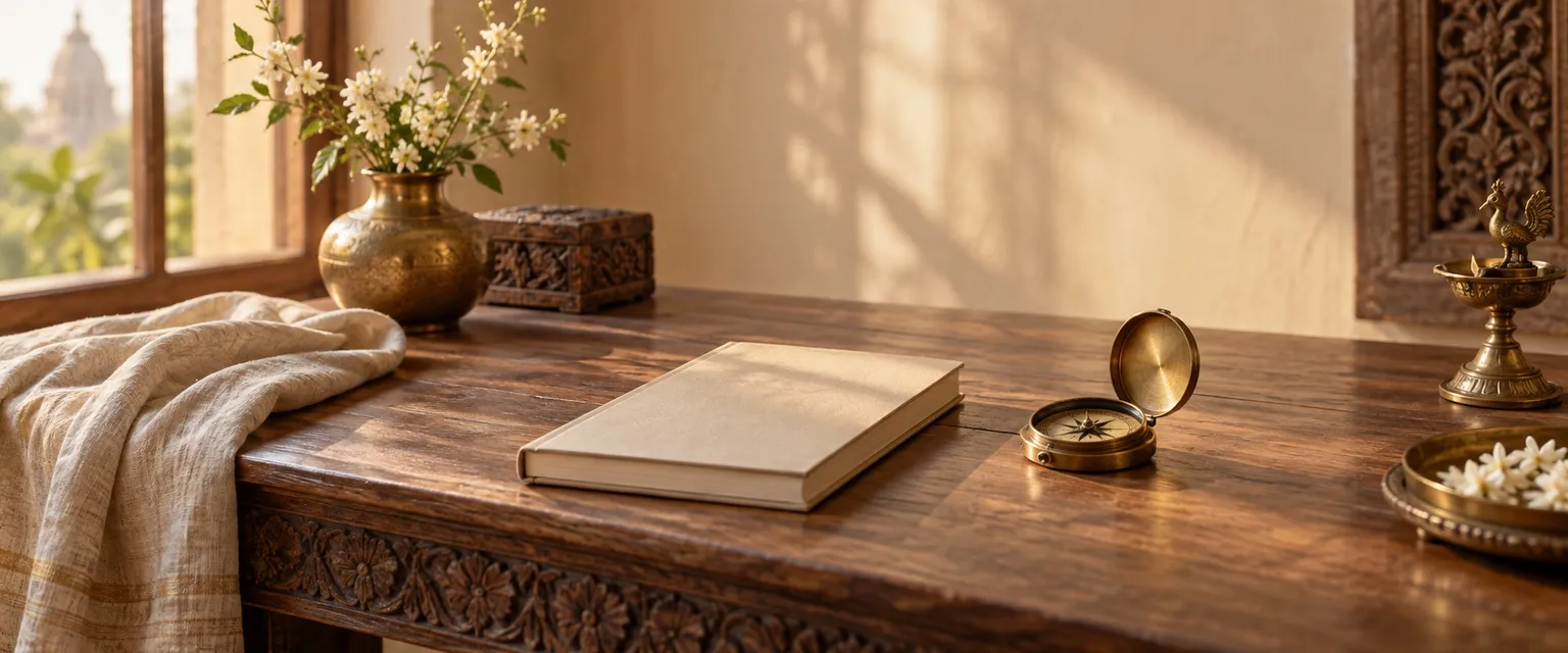 A closed diary and a brass compass on a desk as morning light reaches it - Career Stuck? What Your Kundli Reveals