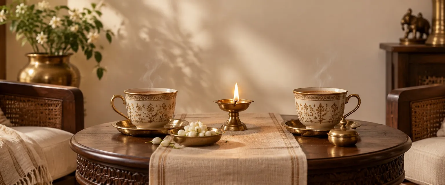Two cups of chai facing each other across a small table with a lit diya between them - Chat with Astrologer Online