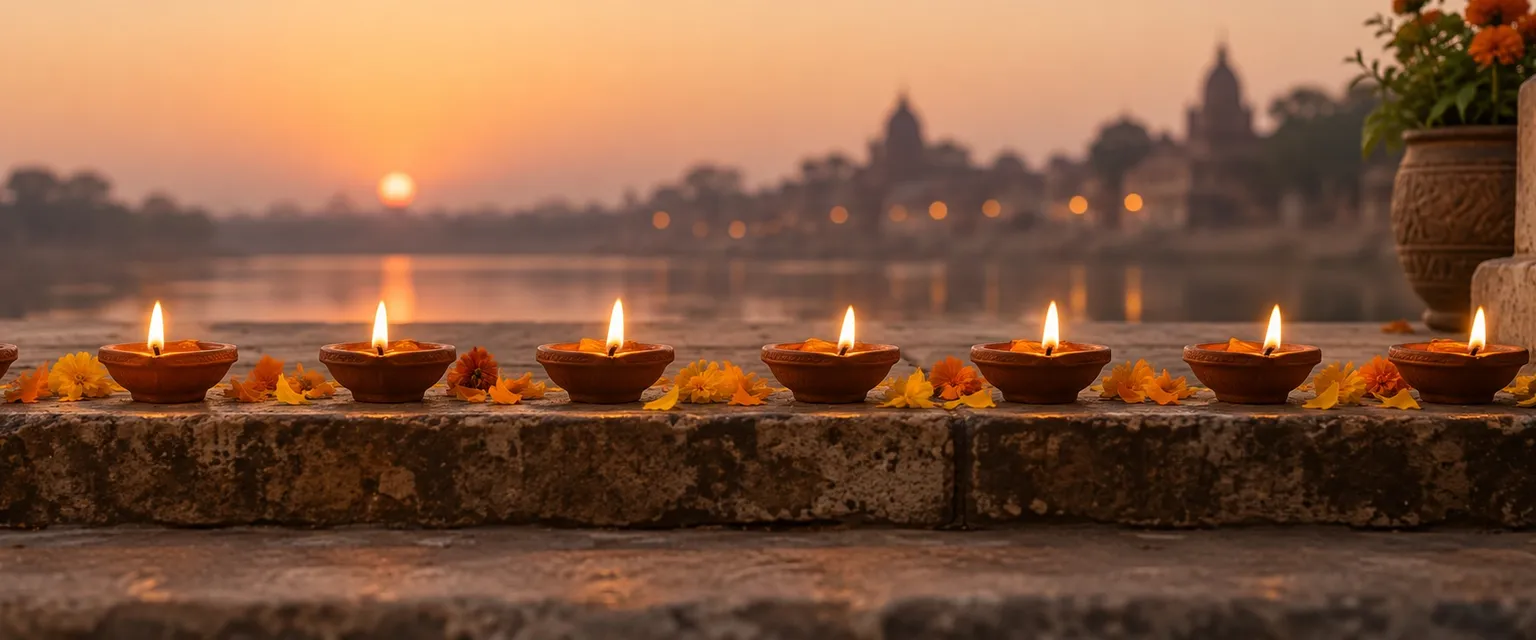 Eight small lit clay diyas in a row along a stone step at dusk - Choghadiya Explained: The 16 Daily Windows and What They Mean
