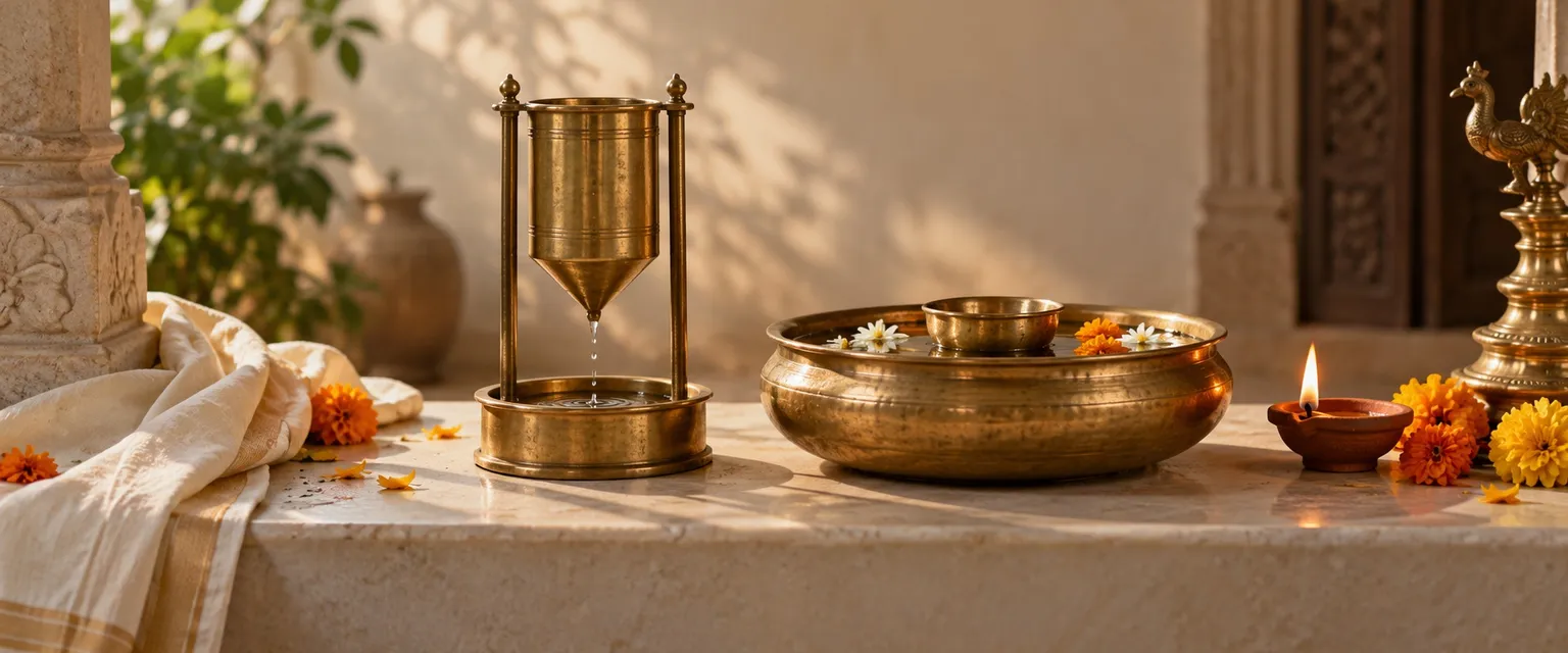 An antique brass water-clock bowl floating in a brass vessel beside a lit diya - Choghadiya Today
