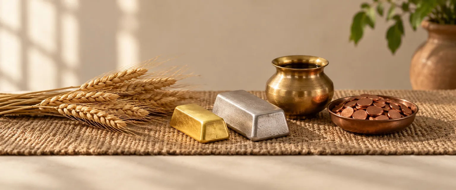 A gold bar, a silver ingot and a brass vessel of oil beside wheat stalks on jute - Commodity Astrology: Gold, Silver & Crude Oil in the Vedic Tradition