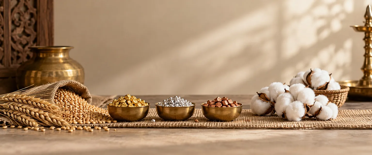 Brass bowls of gold, silver and copper beside heaps of wheat and raw cotton - Commodity Muhurta Today