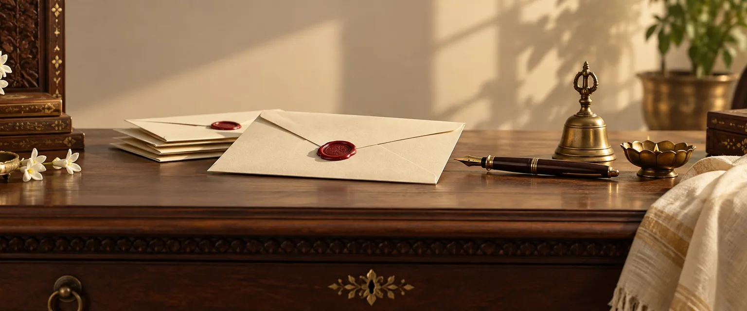 Sealed cream envelopes, a fountain pen and a brass bell on a writing desk - Contact AstroCapitalX