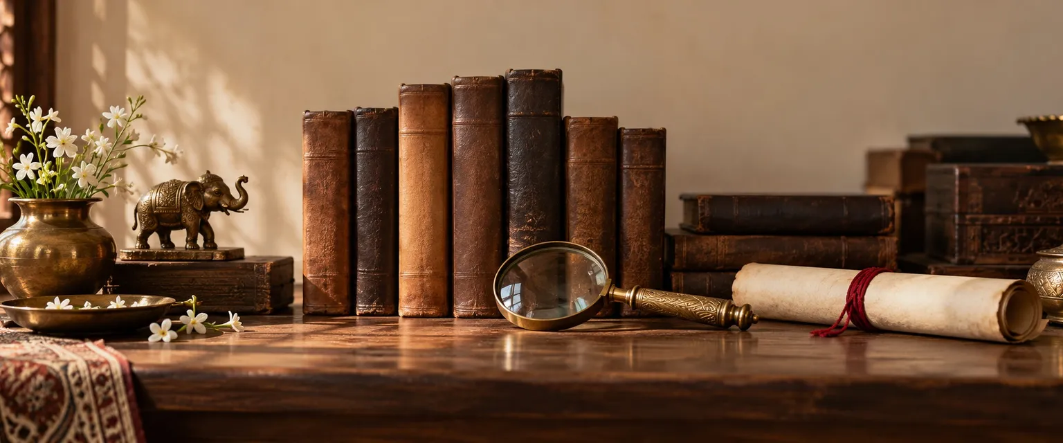 Old leather-bound volumes, a brass magnifying glass and a rolled parchment - Cosmic Archive