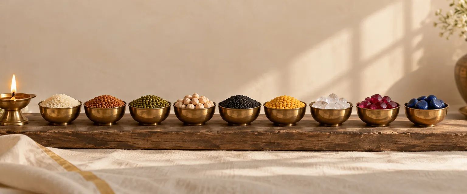 Nine small brass bowls in a row, each holding a grain or gemstone - Free Vimshottari Dasha Calculator