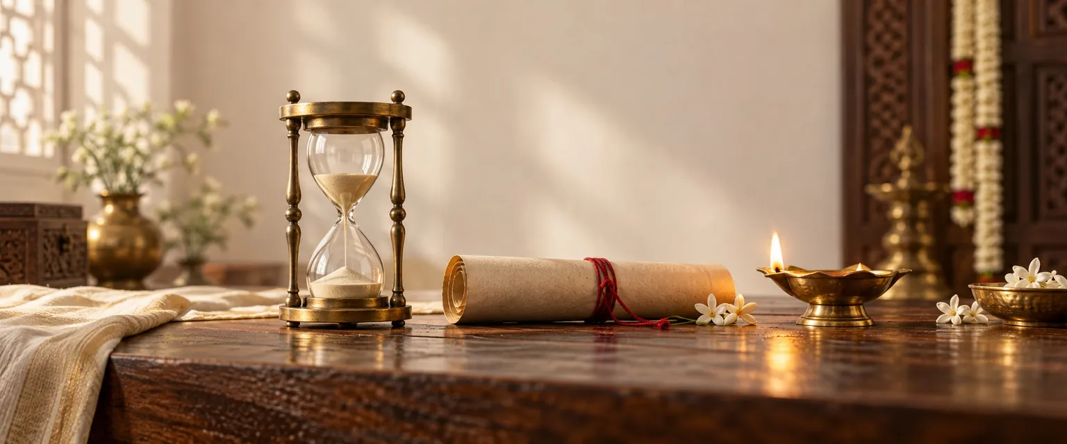 An antique brass hourglass beside a rolled parchment and a lit diya - Free Dasha Wealth Timeline Calculator