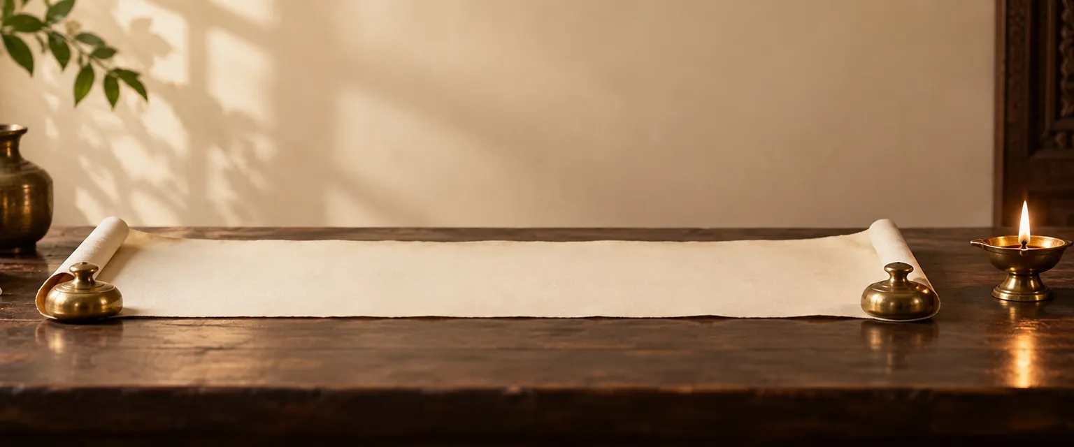 A blank cream scroll unrolled across a wooden table beside a lit diya - Vimshottari Dasha & Wealth: Your Money Periods