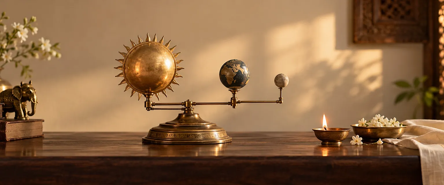An antique brass orrery with the sun, earth and moon aligned, beside a lit diya - Solar & Lunar Eclipse Tracker 2026-2028