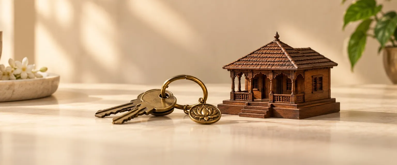 House keys beside a small carved wooden model of an Indian home - EMI Calculator