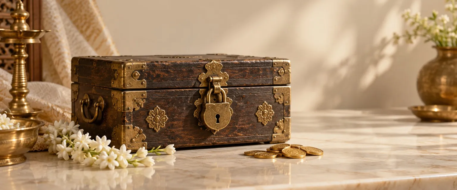 An antique brass-cornered wooden strongbox with jasmine and gold coins - FD Calculator