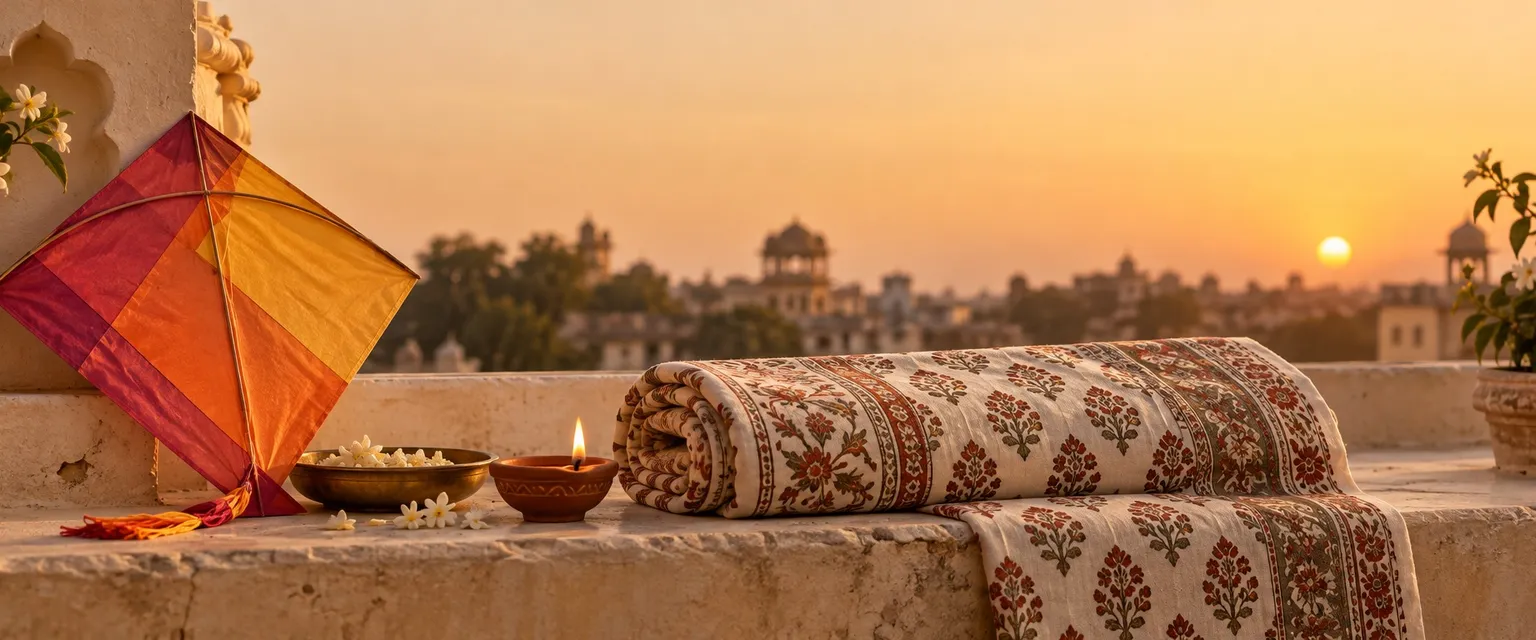 A paper kite, block-printed textile and a lit diya on a terrace at sunset - Financial Astrologers in Ahmedabad