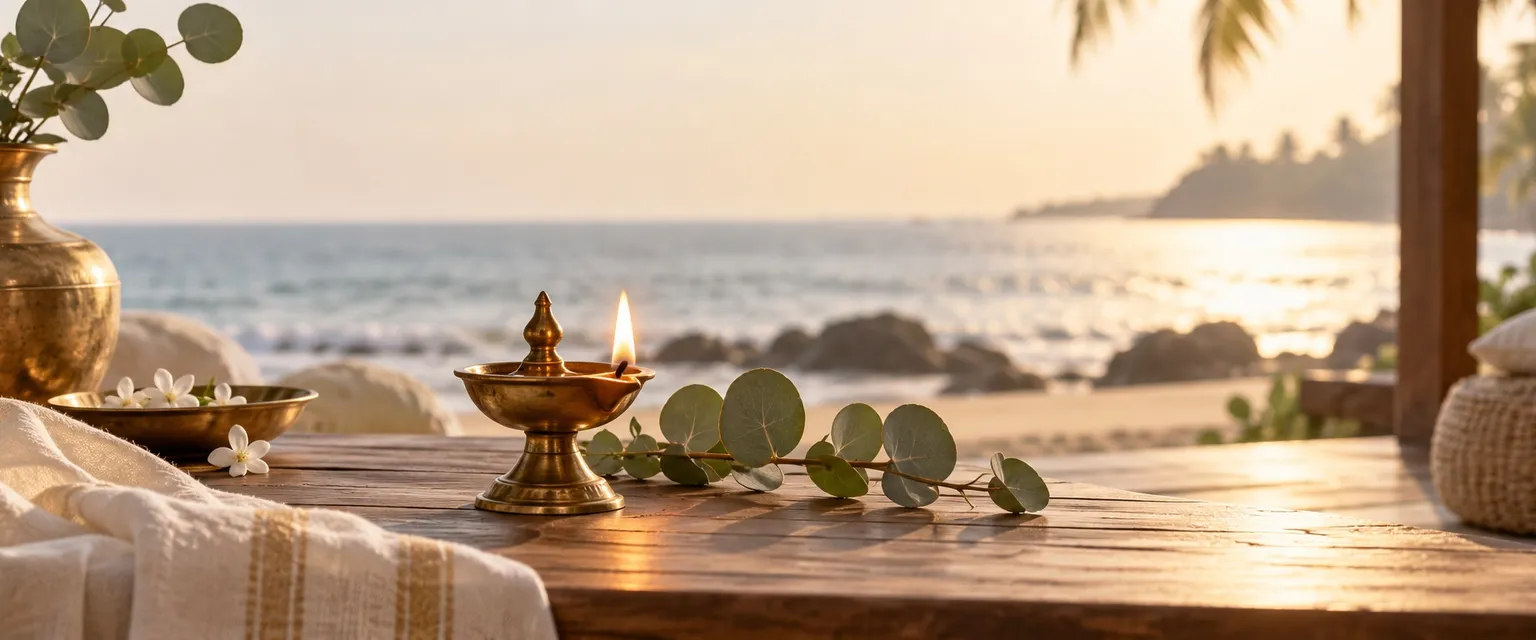 A lit diya and eucalyptus leaves on a sunlit deck table - Financial Astrologers in Australia