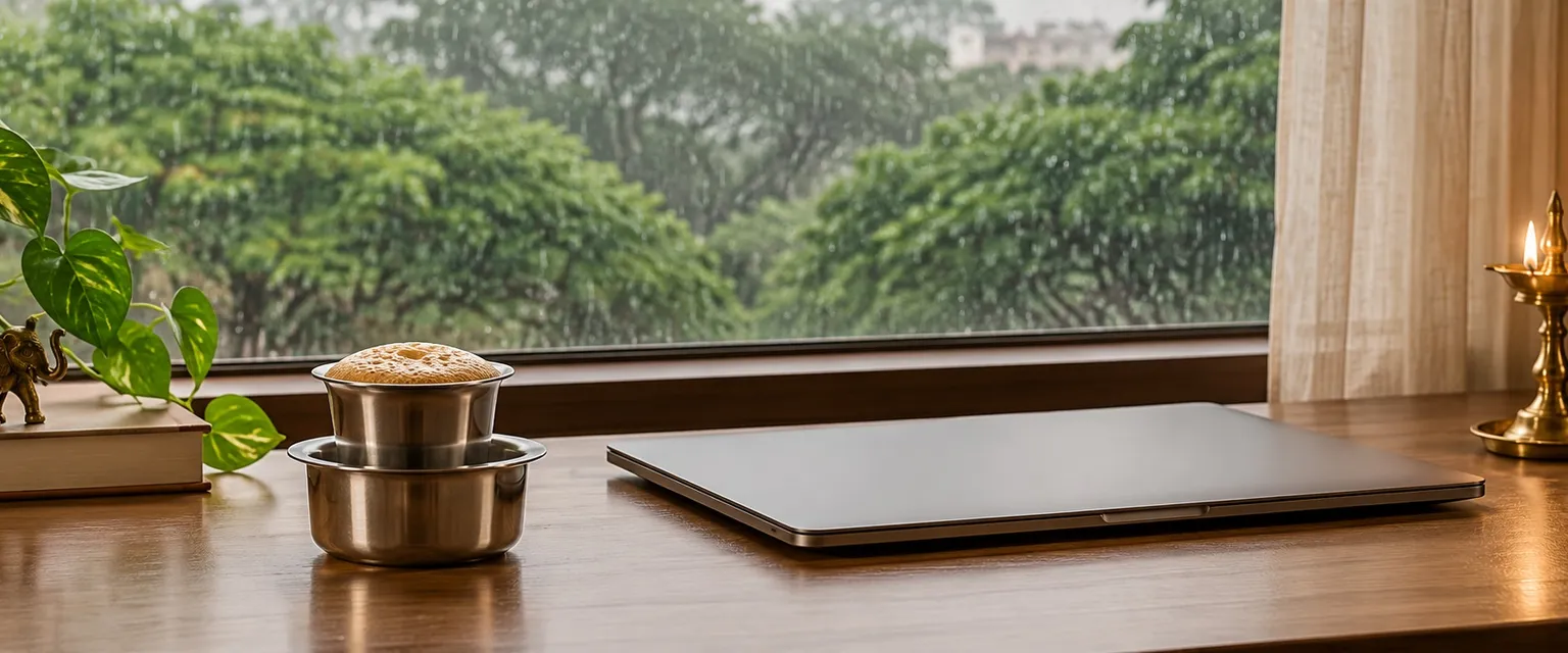 Filter coffee, a closed laptop and a lit diya by a window of green trees - Financial Astrologers in Bangalore
