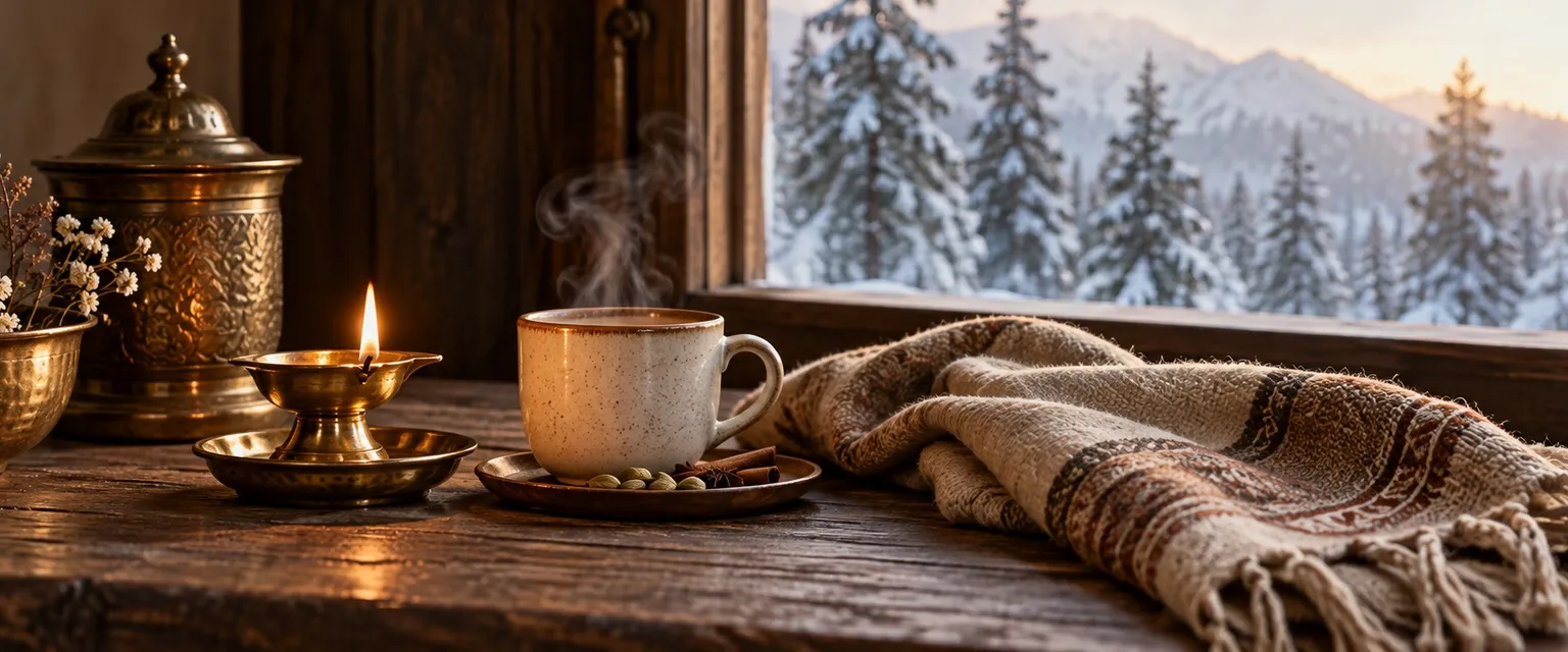 A lit diya, a mug of chai and a wool scarf by a window onto snowy pines - Financial Astrologers in Canada