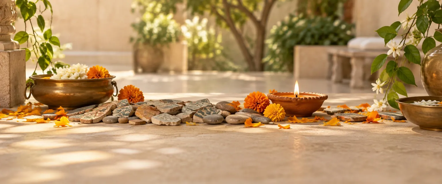 A small mosaic of pebbles and ceramic pieces beside a lit diya in a courtyard - Financial Astrologers in Chandigarh