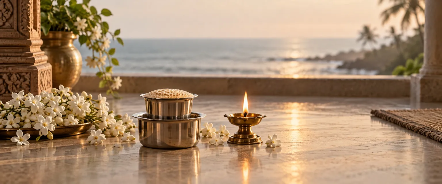 Filter coffee in a steel tumbler with jasmine and a lit lamp on a seaside veranda - Financial Astrologers in Chennai
