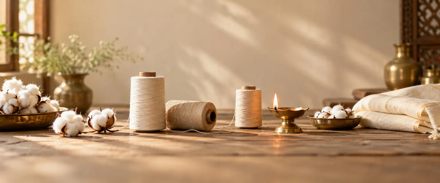 Cotton thread spools, raw cotton and a lit diya on a worktable - Financial Astrologers in Coimbatore