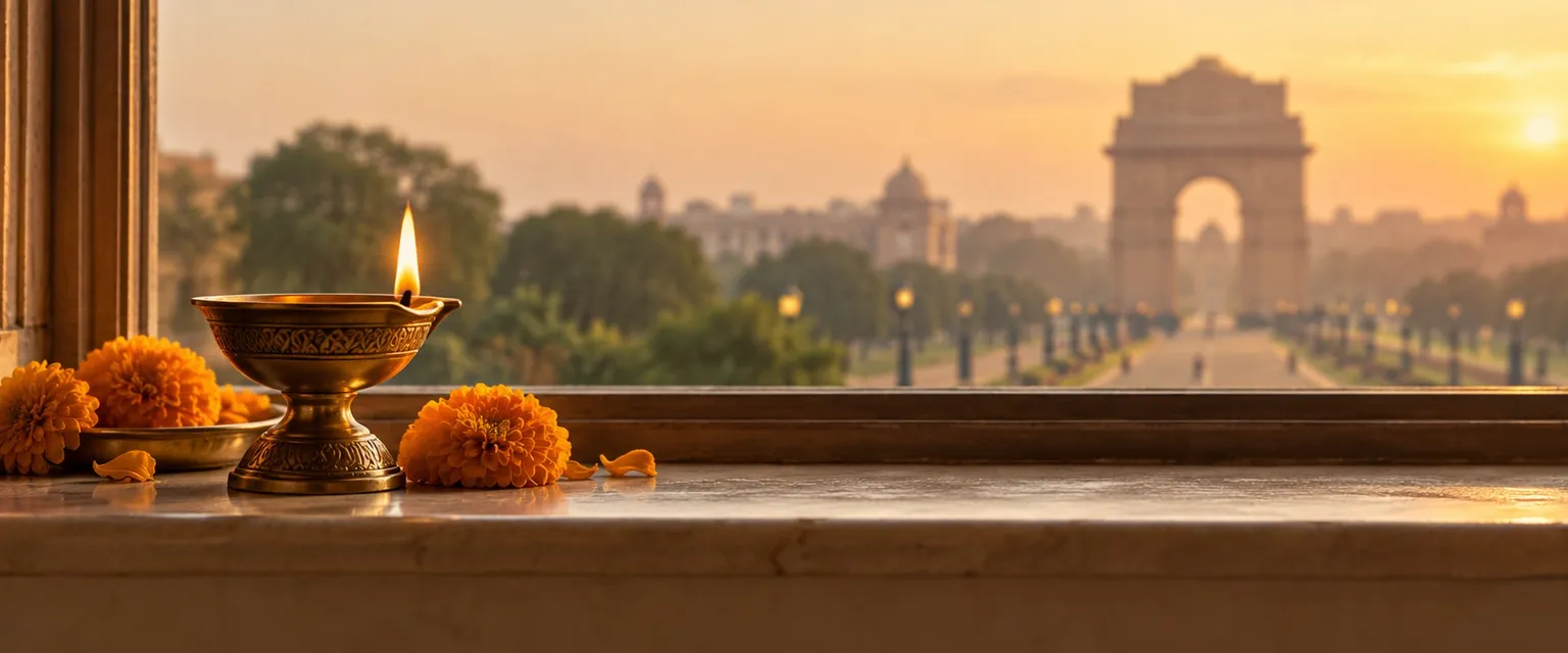A lit diya on a ledge before a blurred sandstone arch - Financial Astrologers in Delhi