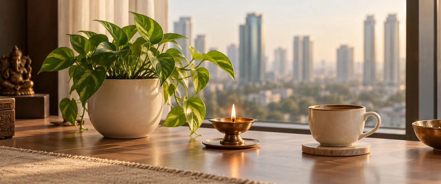 A money plant, a lit diya and a coffee cup before glass towers - Financial Astrologers in Gurgaon