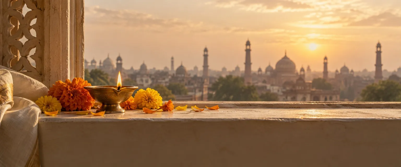 A lit diya on a ledge before blurred old-city minarets - Financial Astrologers in Hyderabad