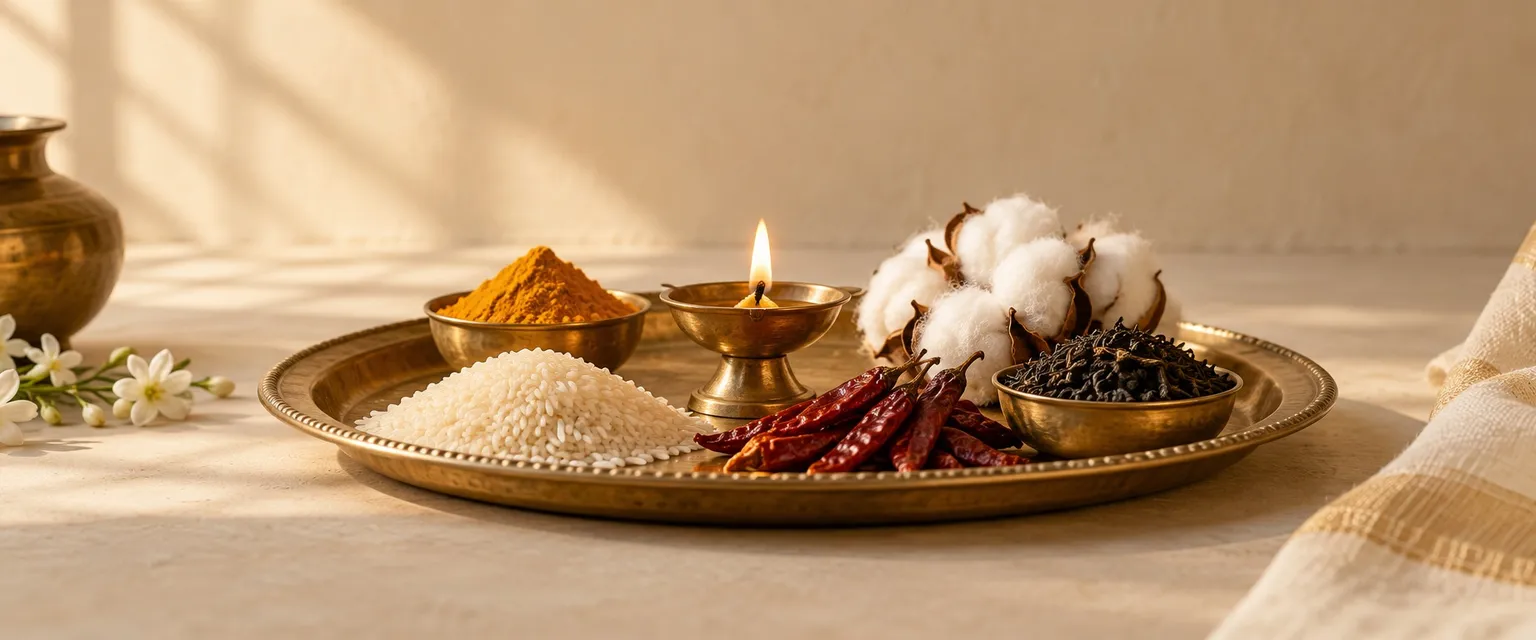 A brass tray of rice, turmeric, chillies, tea and cotton around a lit diya - Financial Astrologers in India