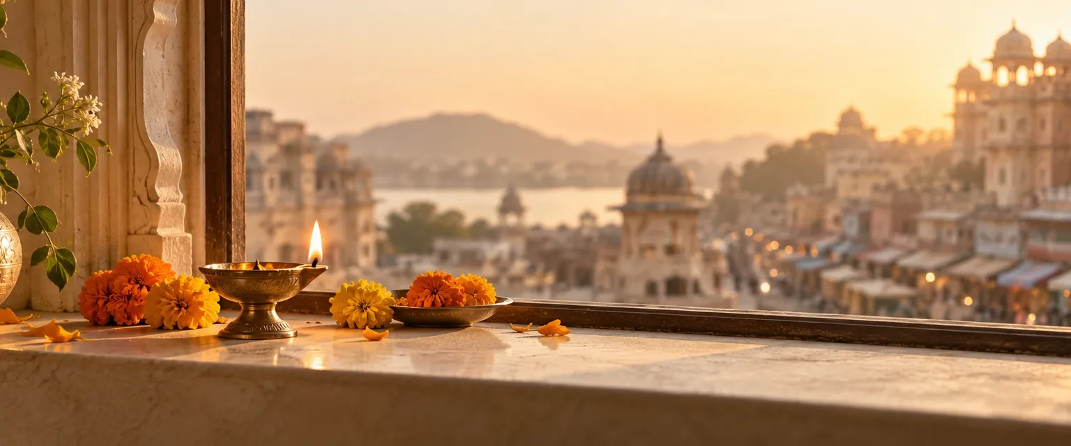 A lit diya on a ledge before a blurred old palace facade - Financial Astrologers in Indore