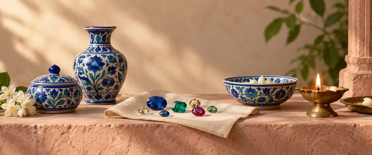 Blue pottery and cut gemstones on a pink sandstone ledge with a lit diya - Financial Astrologers in Jaipur