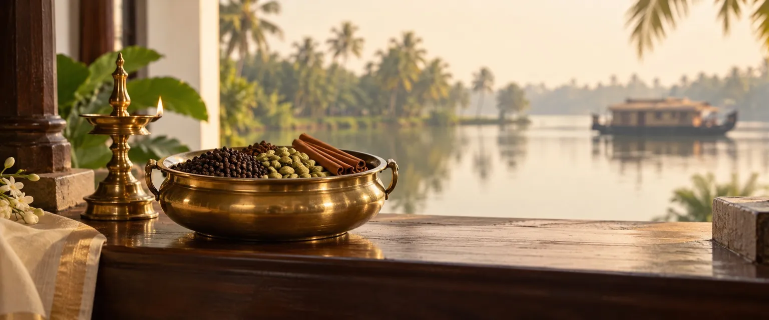 A brass uruli of spices and a lit lamp before blurred backwaters and palms - Financial Astrologers in Kochi