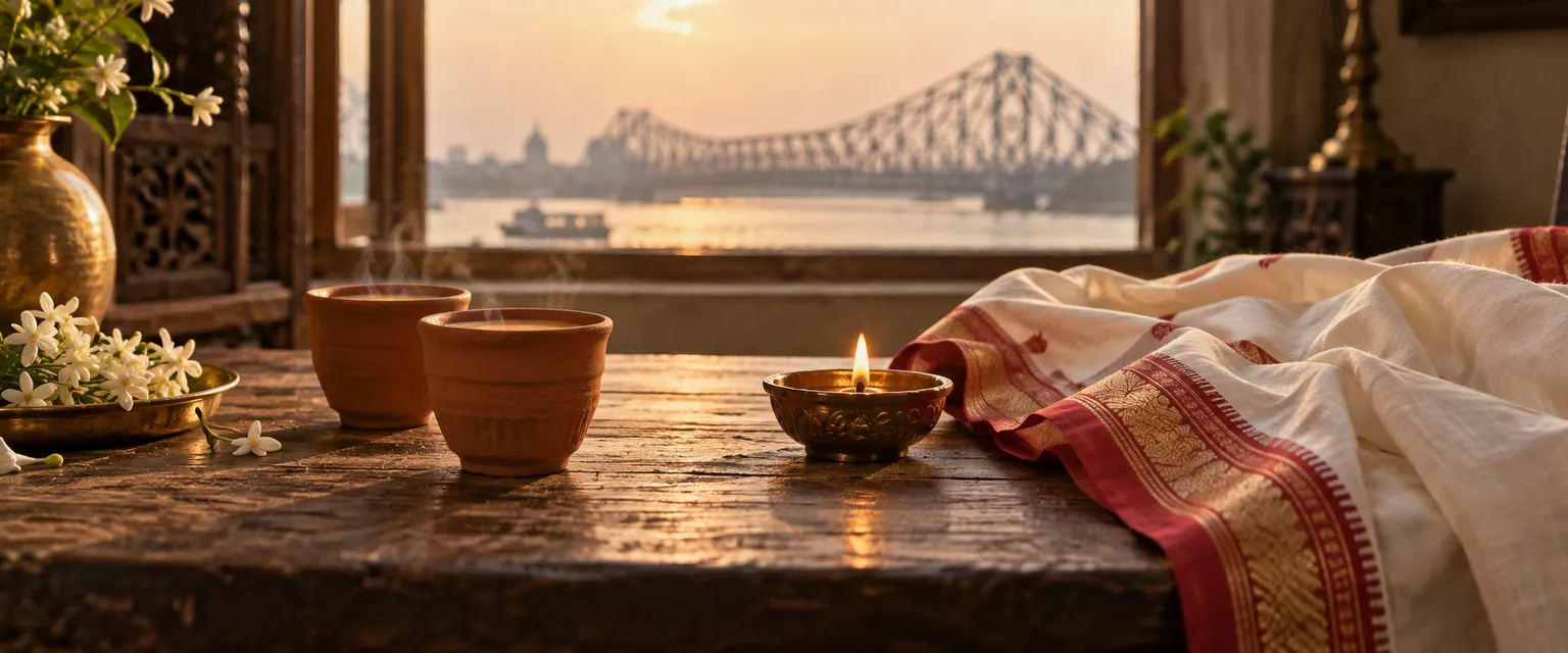 Terracotta tea cups and a lit diya before a blurred steel bridge - Financial Astrologers in Kolkata