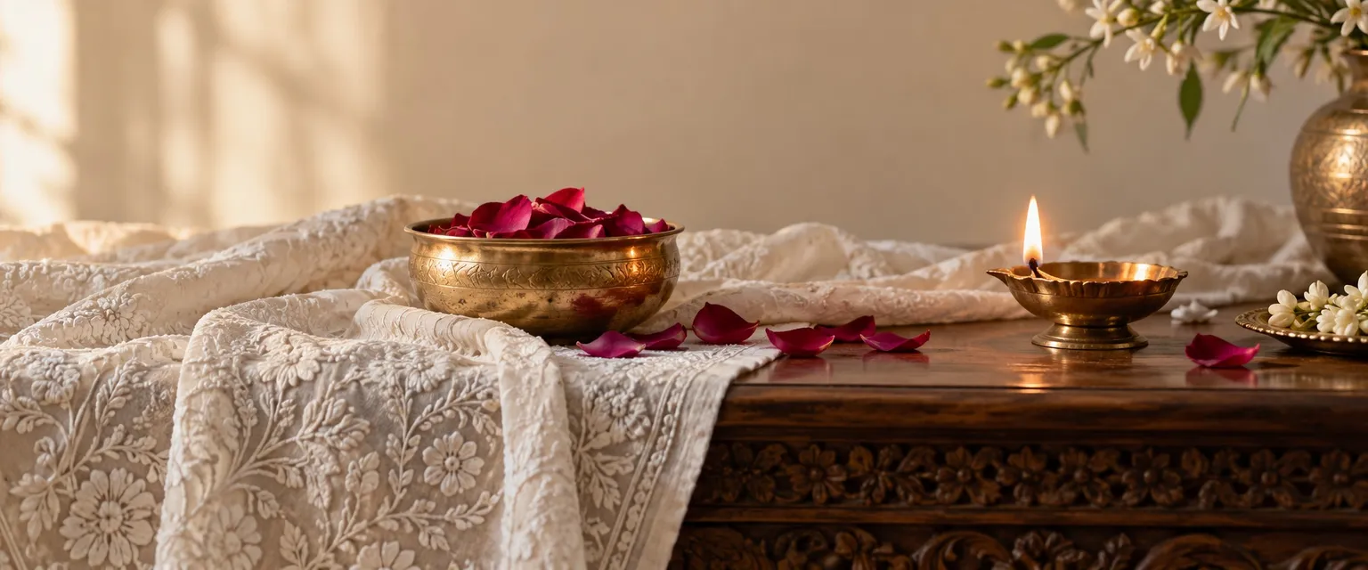 Chikankari embroidery, rose petals and a lit diya on a carved table - Financial Astrologers in Lucknow