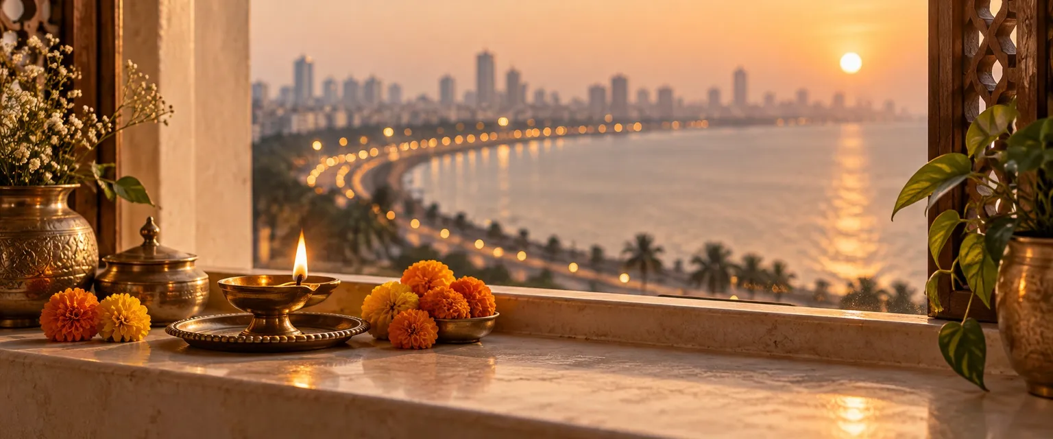 A lit diya on a ledge before a blurred seafront at golden hour - Financial Astrologers in Mumbai