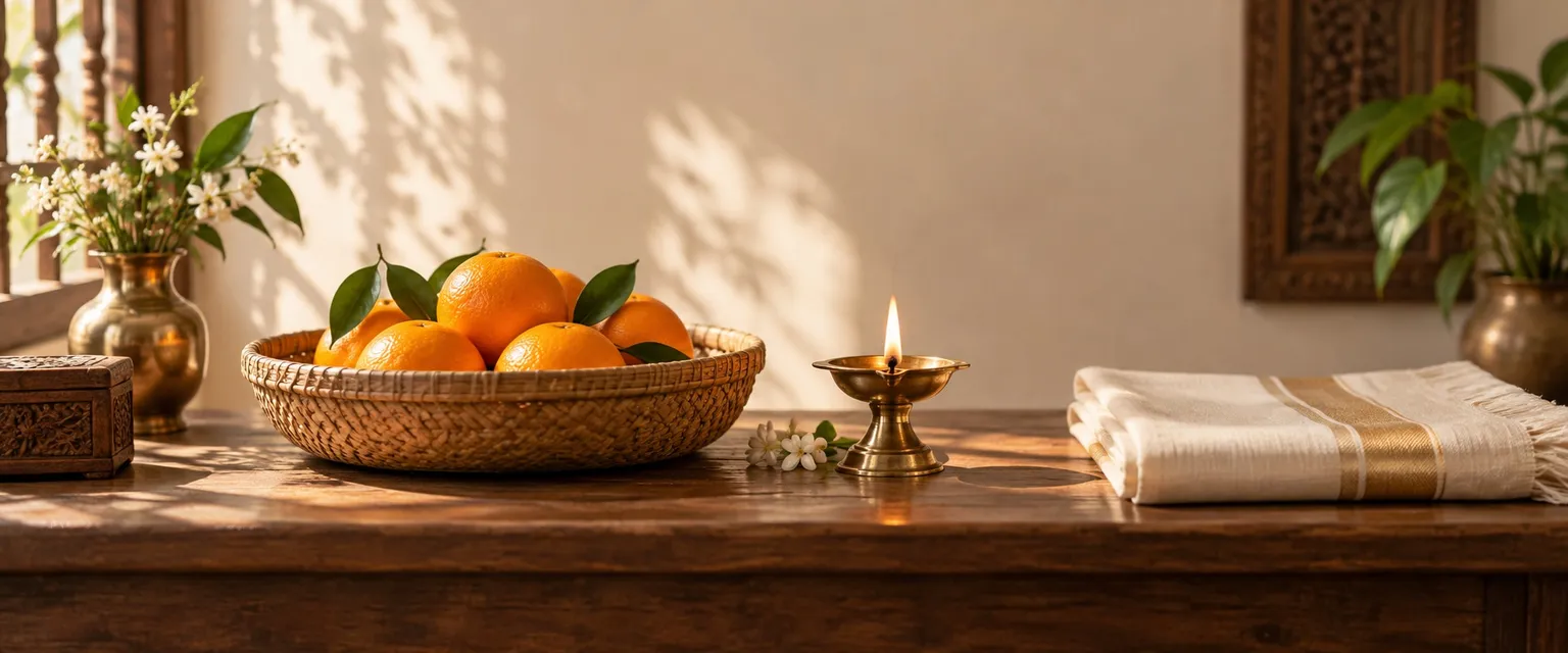 A basket of oranges beside a lit brass diya on a wooden table - Financial Astrologers in Nagpur