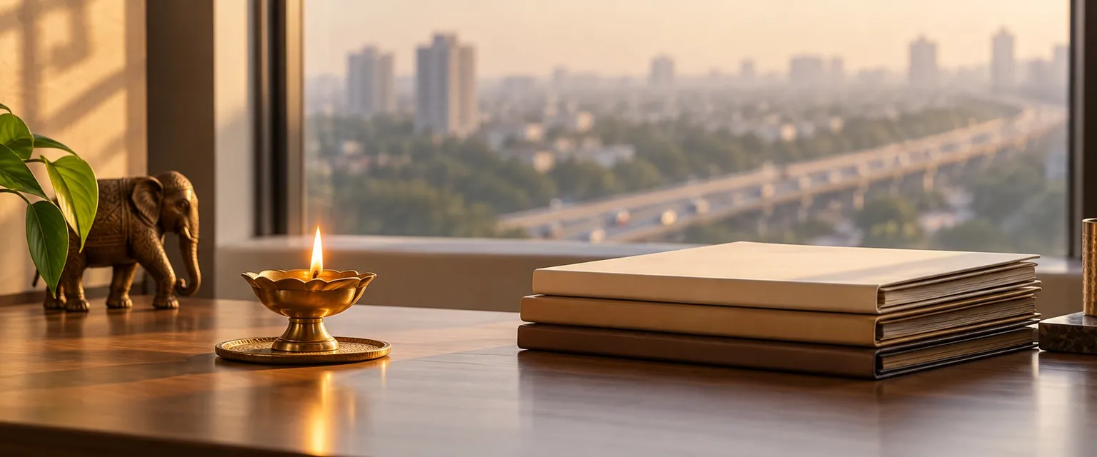 A lit diya and a stack of files on an office desk above a blurred expressway - Financial Astrologers in Noida