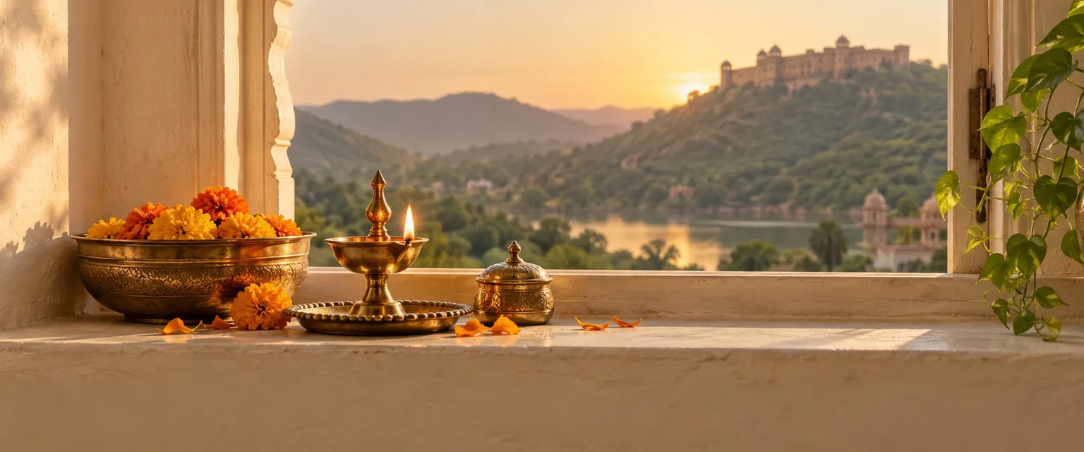 A lit diya on a ledge before blurred green hills - Financial Astrologers in Pune