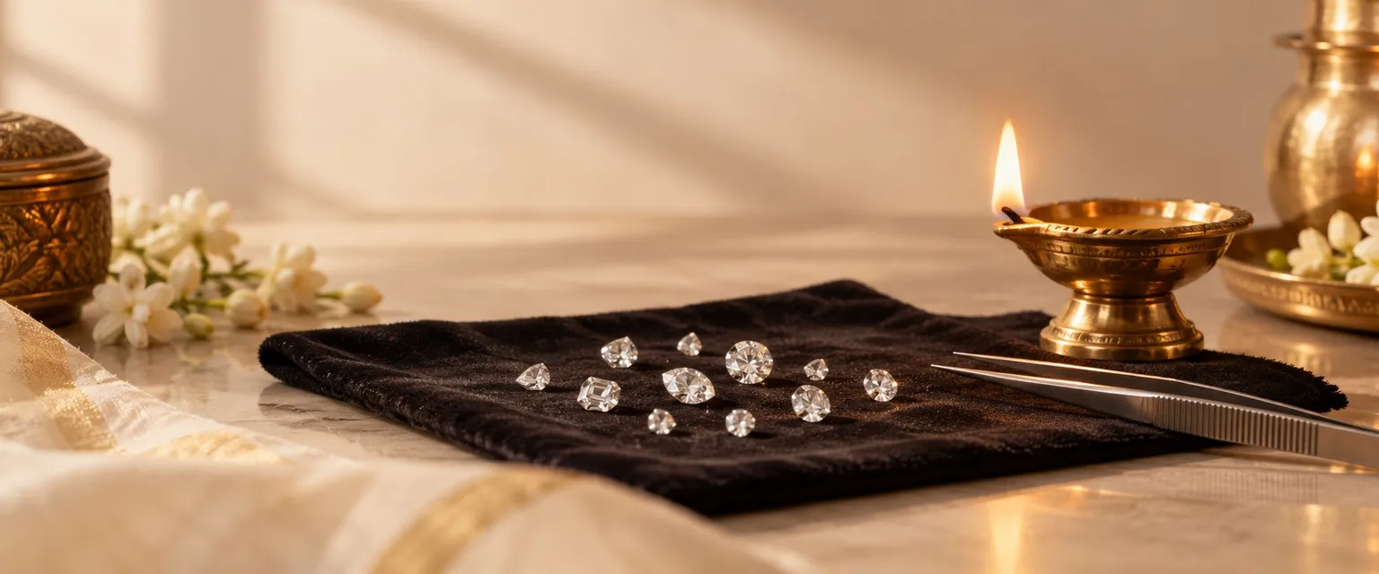Loose diamonds on a black jeweller's cloth beside fine tweezers and a lit diya - Financial Astrologers in Surat
